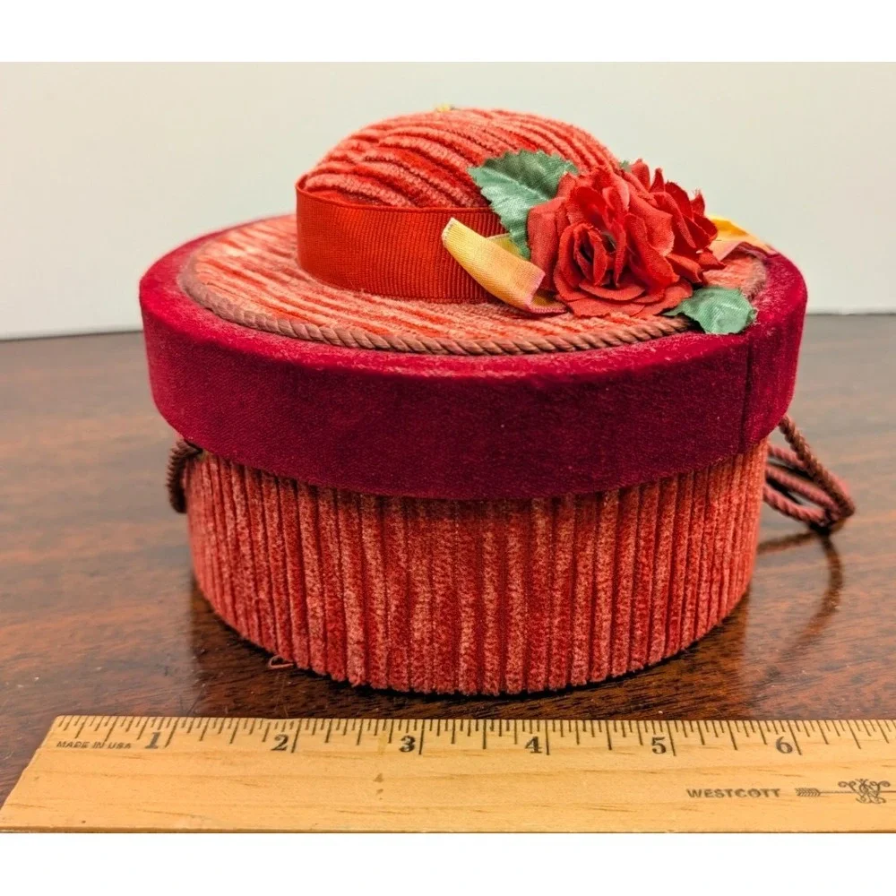Vintage Style Hat Shaped Sewing Basket Red Velvet Corduroy Rose Trim w/ Notions
